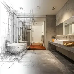 Hybrid sketch and 3D render of a modern bathroom design with freestanding bath and walk-in shower