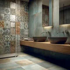 Modern bathroom with patterned ceramic wall tiles and large format floor tiling, featuring twin sinks and wooden vanity unit