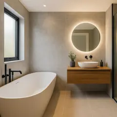 Contemporary bathroom with freestanding bathtub, wall-mounted sink and round LED mirror