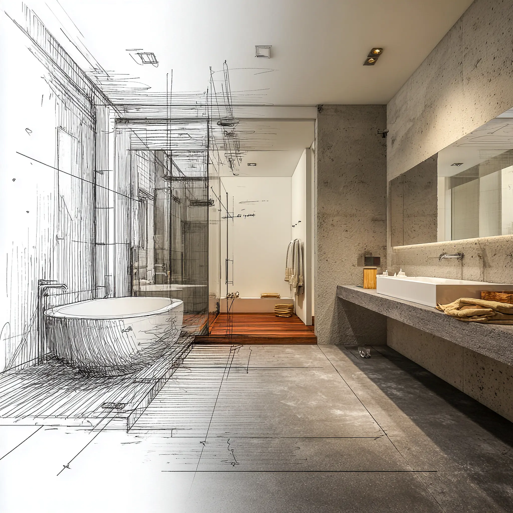 Modern Bathroom Design Concept – Hybrid Sketch and Render by FIX HUB Hybrid sketch and 3D render of a modern bathroom design with freestanding bath and walk-in shower