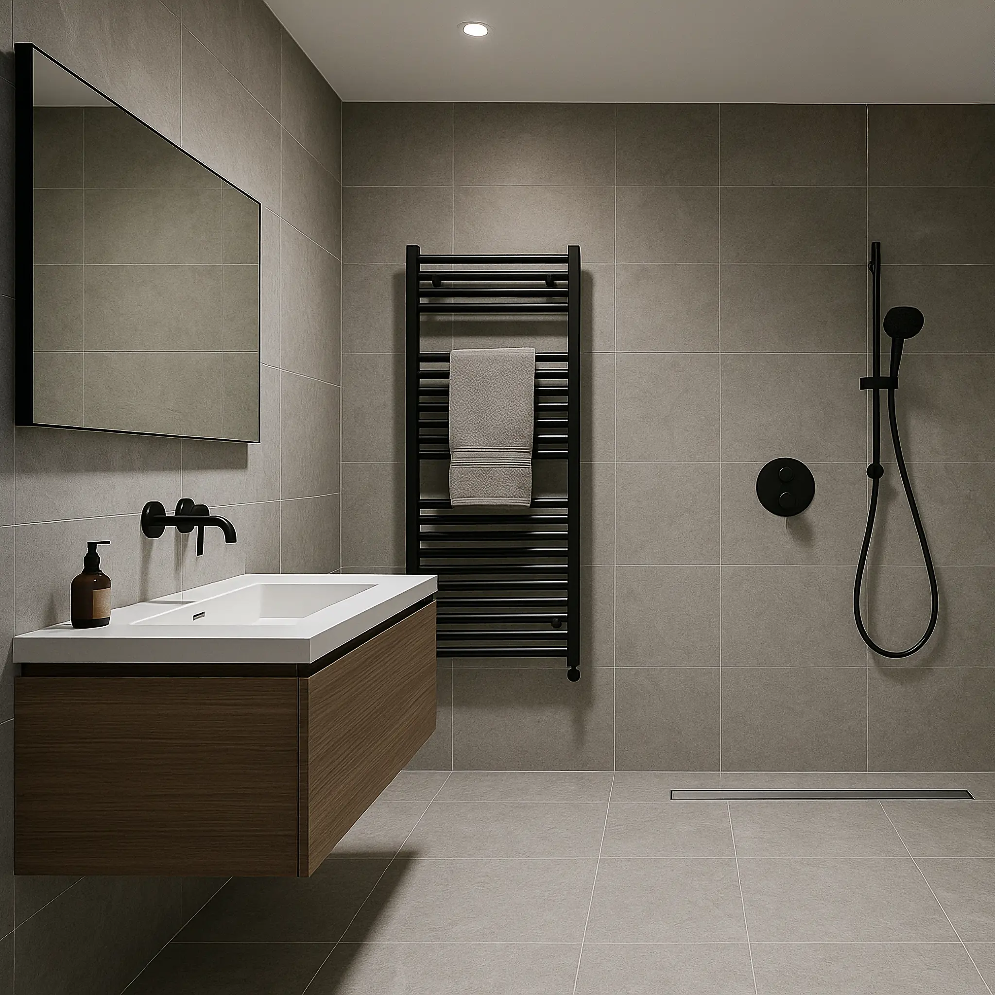 Modern Bathroom Fixtures and Fittings with Minimalist Design | FIX HUB Contemporary bathroom with wall-mounted sink, black shower fittings, heated towel rail, and minimalist tile finish