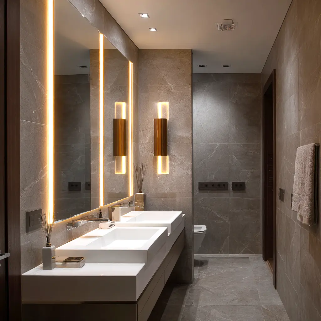 Luxury Bathroom Lighting with LED Mirrors and Wall Fixtures | FIX HUB Modern bathroom with integrated LED mirror lighting, wall sconces, and ceiling spotlights, featuring twin sinks and stone tile finish