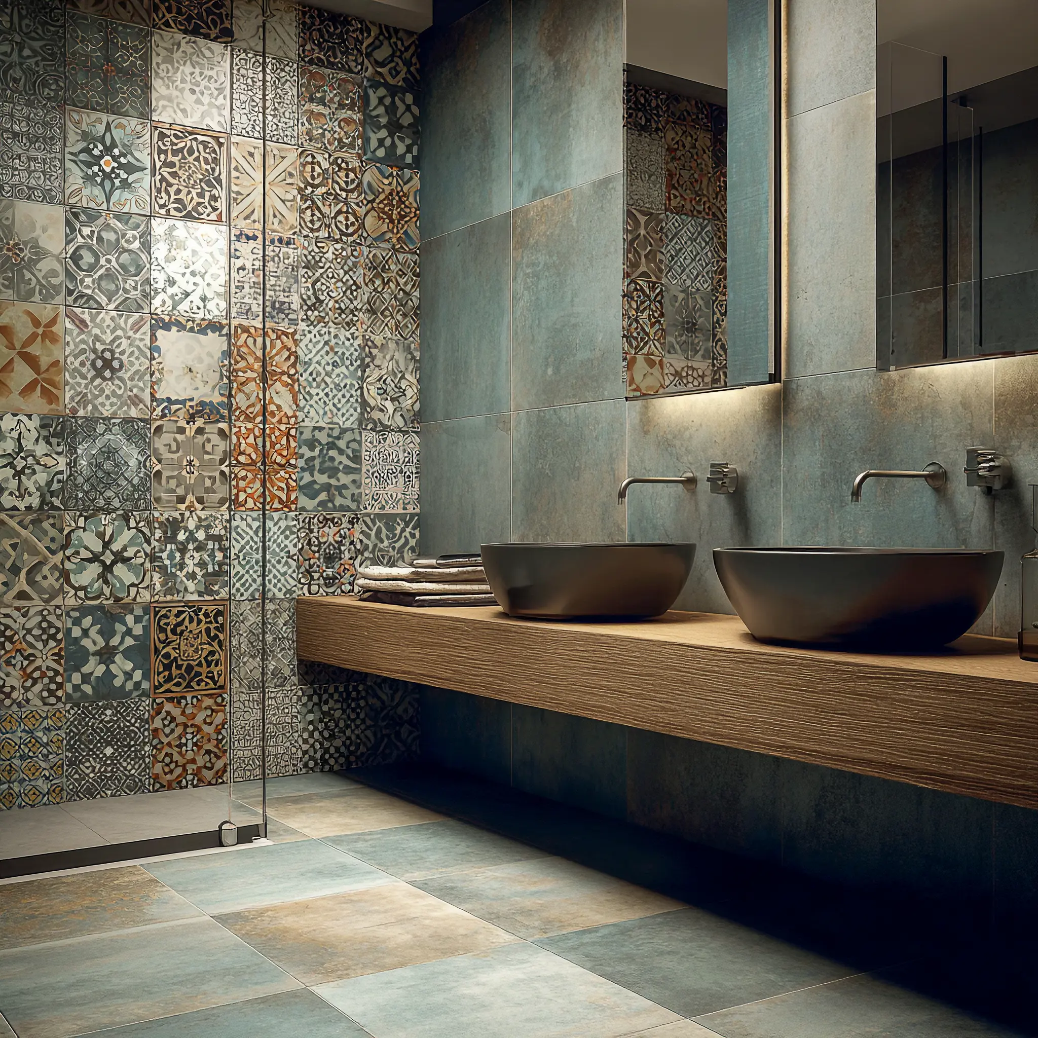 Bathroom Wall and Floor Tiling with Decorative Ceramic Tiles | FIX HUB Modern bathroom with patterned ceramic wall tiles and large format floor tiling, featuring twin sinks and wooden vanity unit