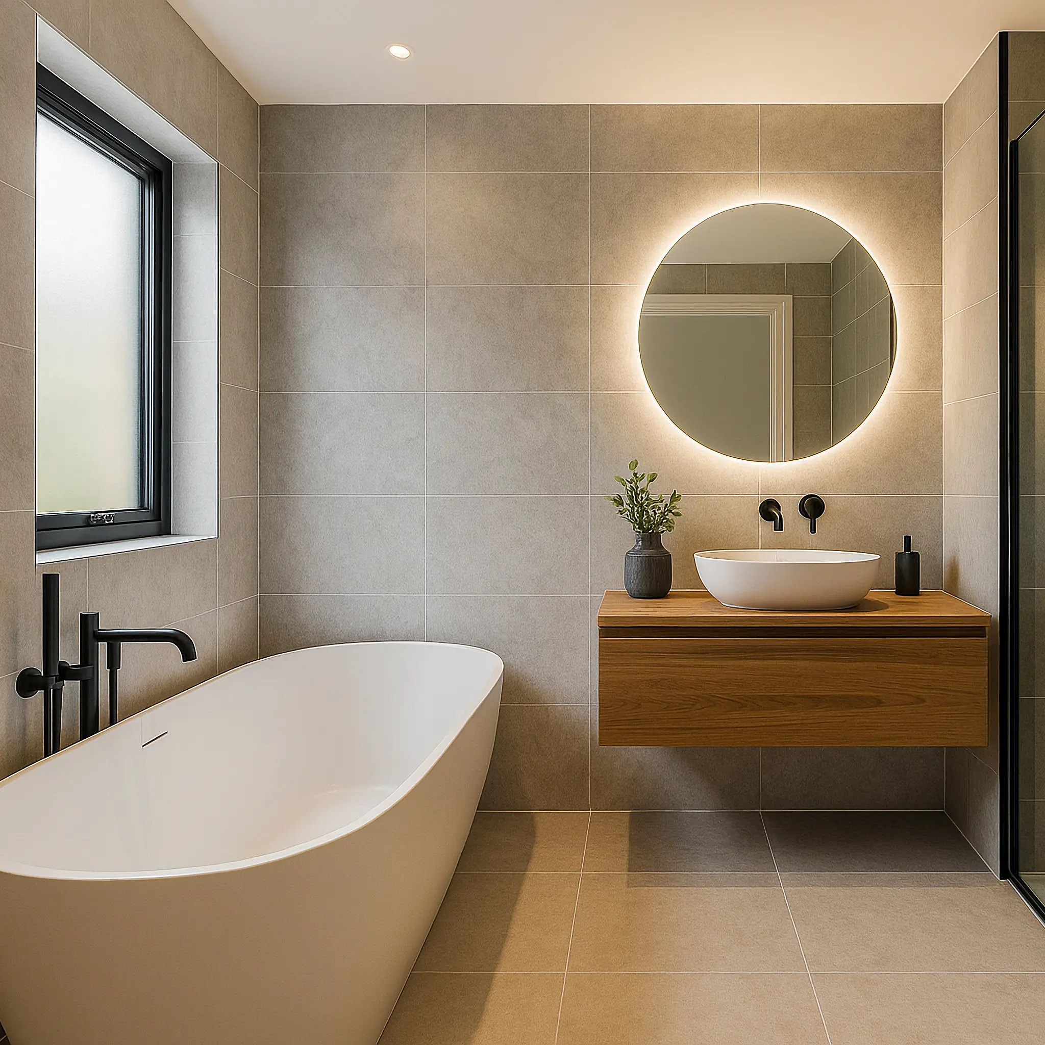 Modern Bathroom with Freestanding Tub and LED Mirror | Fix Hub Contemporary bathroom with freestanding bathtub, wall-mounted sink and round LED mirror