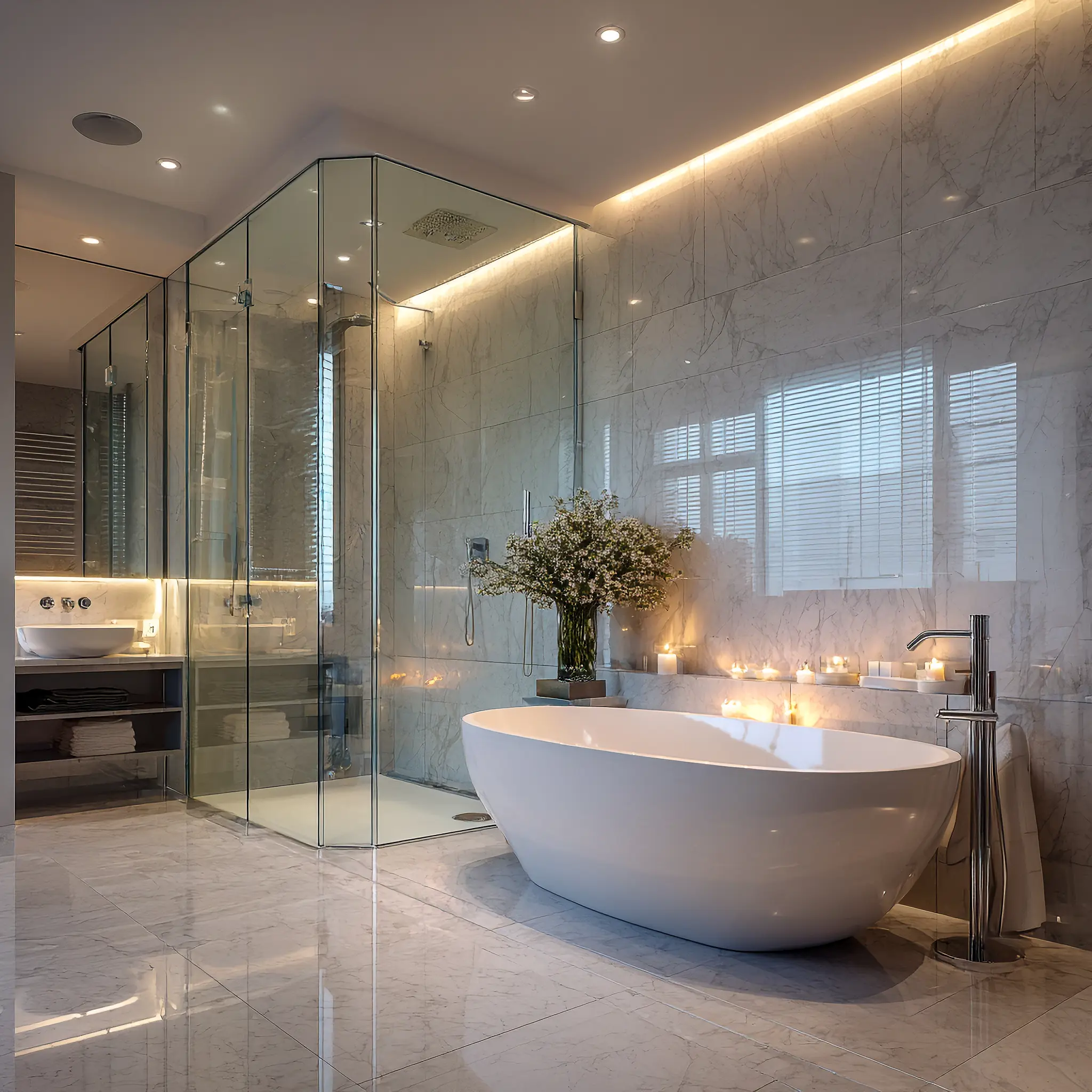 Luxury Bespoke Bathroom Design with Freestanding Tub and Glass Shower | Fix Hub Elegant bespoke bathroom with freestanding bathtub, glass shower enclosure, marble walls and soft candle lighting