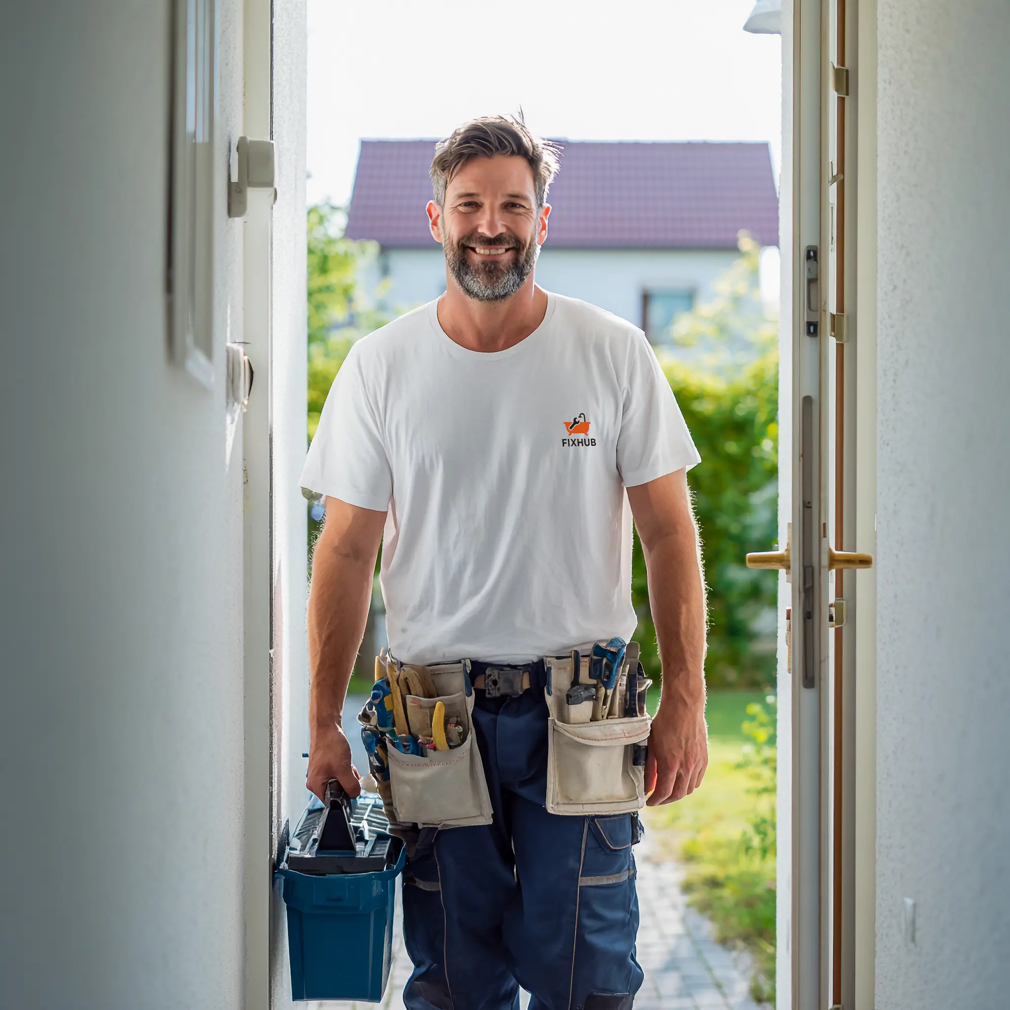 Friendly Handyman Arriving for Home Repairs | Fix Hub Smiling handyman in Fix Hub uniform carrying a toolbox and wearing a tool belt, arriving at a client’s home