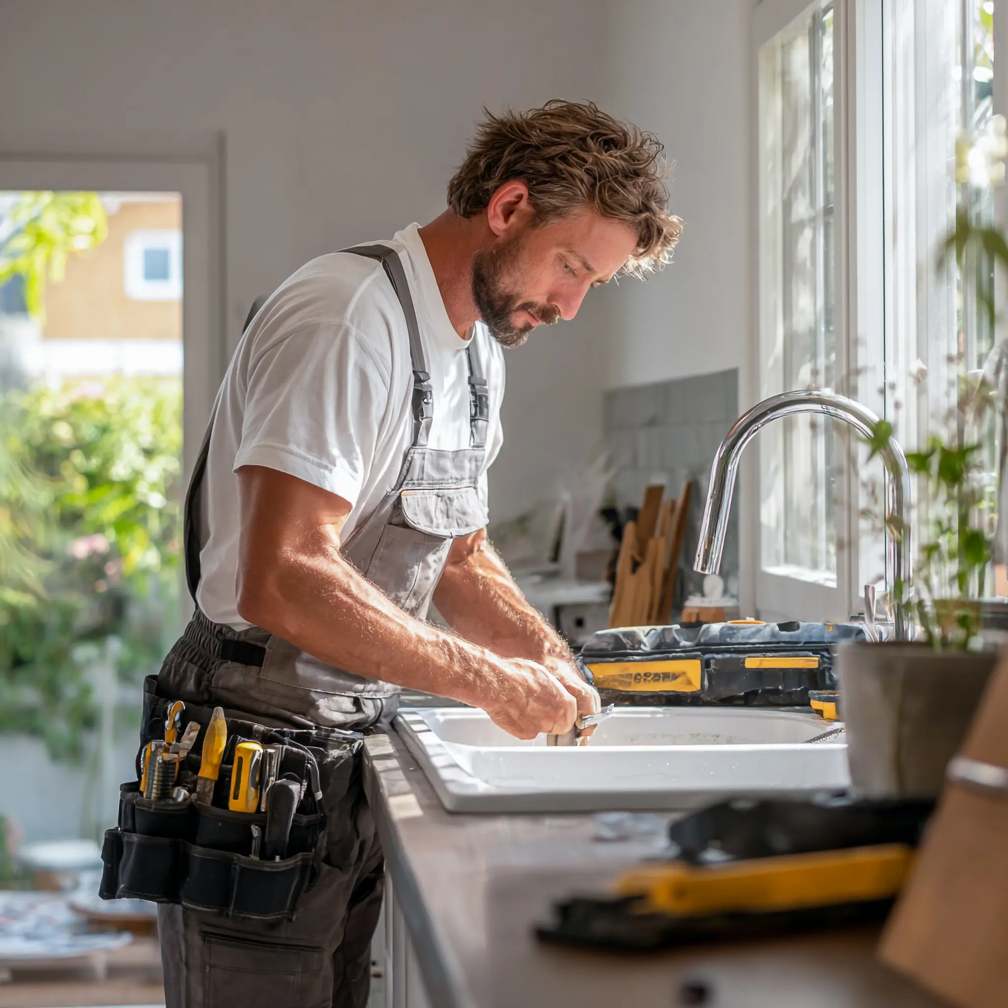 Professional Plumber Fixing Kitchen Sink | Fix Hub Plumbing Services Plumber in uniform repairing a modern kitchen sink with tools, sunlight coming through the window
